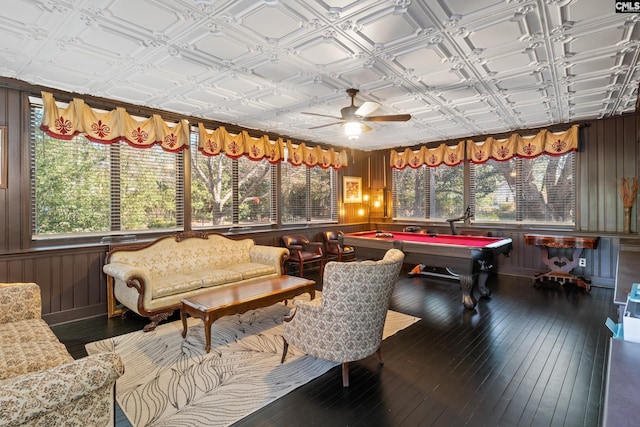 game room featuring hardwood / wood-style flooring, pool table, and ceiling fan