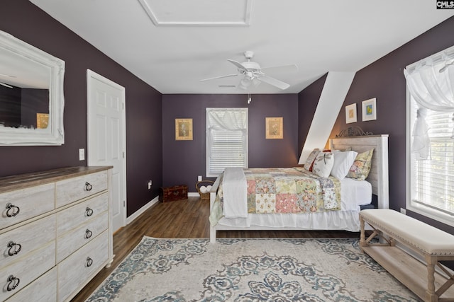 bedroom featuring ceiling fan and dark hardwood / wood-style flooring