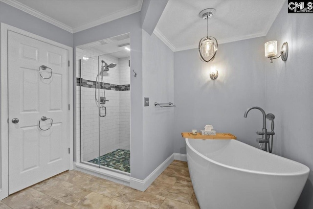 bathroom with independent shower and bath and crown molding