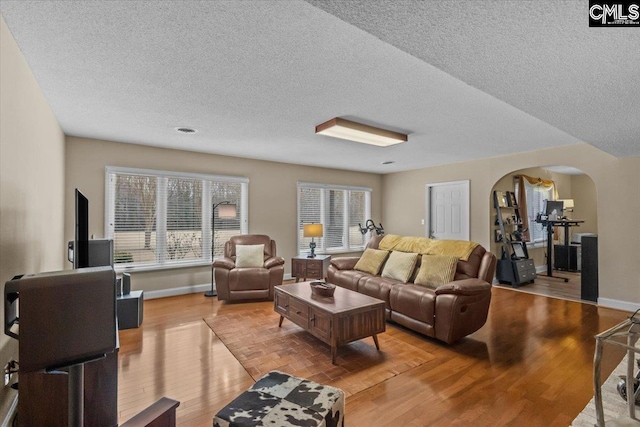 living room with a healthy amount of sunlight, a textured ceiling, and light wood-type flooring