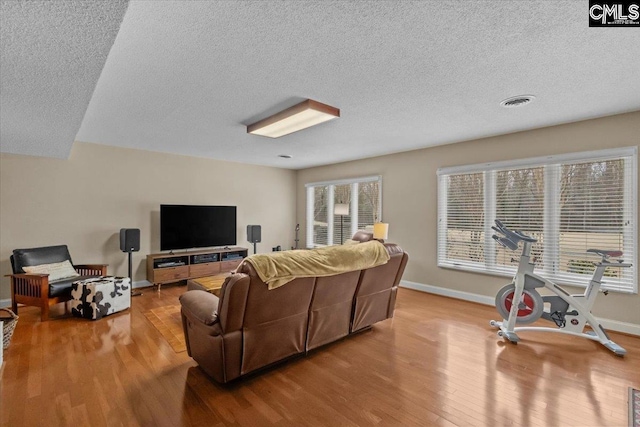 living room with light hardwood / wood-style flooring and a textured ceiling