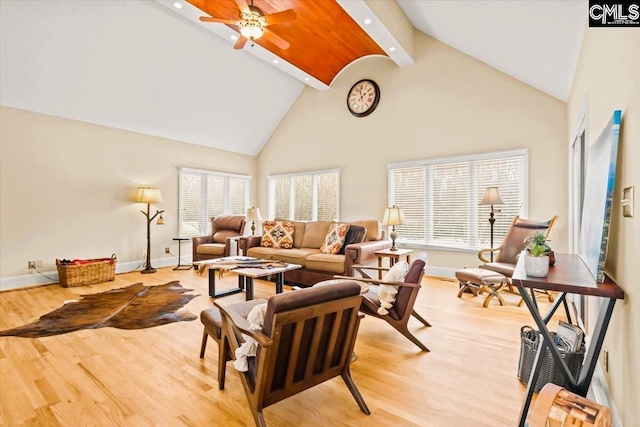 living room featuring beamed ceiling, ceiling fan, high vaulted ceiling, and light hardwood / wood-style flooring