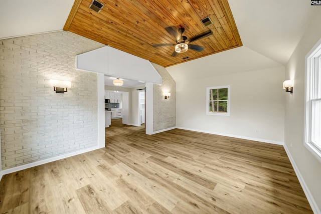 unfurnished living room featuring brick wall, lofted ceiling, and wood ceiling