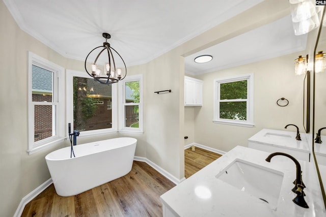 bathroom featuring hardwood / wood-style floors, a bathtub, vanity, and a wealth of natural light