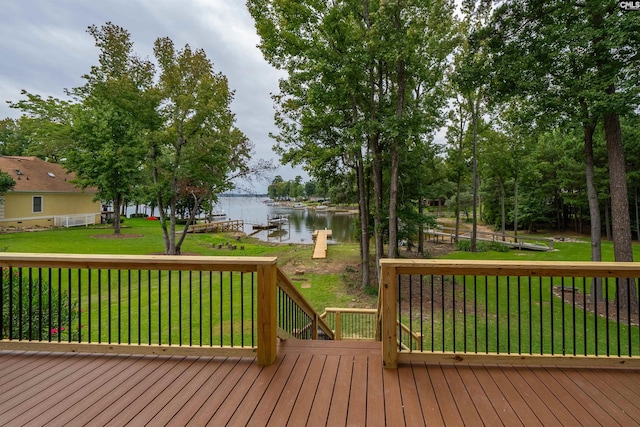 wooden deck featuring a water view and a yard