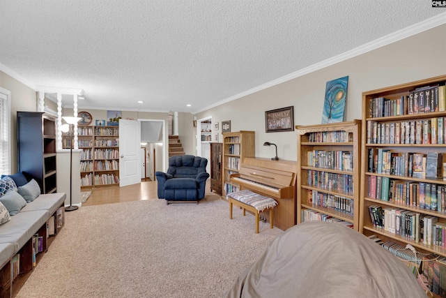 living room featuring light colored carpet, a textured ceiling, and ornamental molding