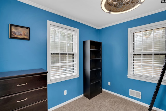 unfurnished bedroom with light carpet and ornamental molding