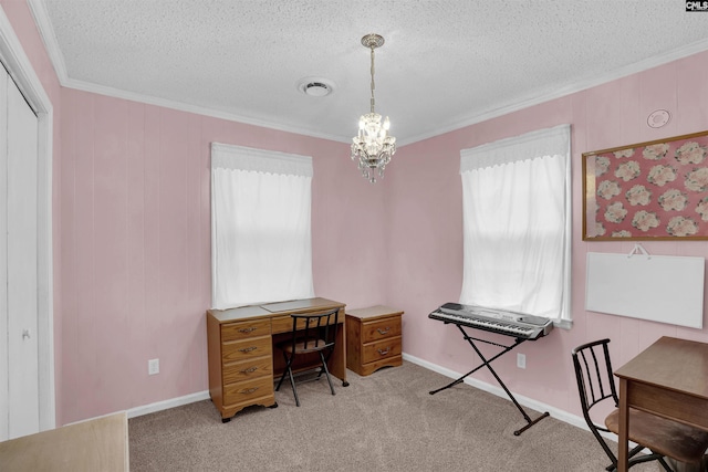 home office featuring a textured ceiling, light carpet, crown molding, and a notable chandelier