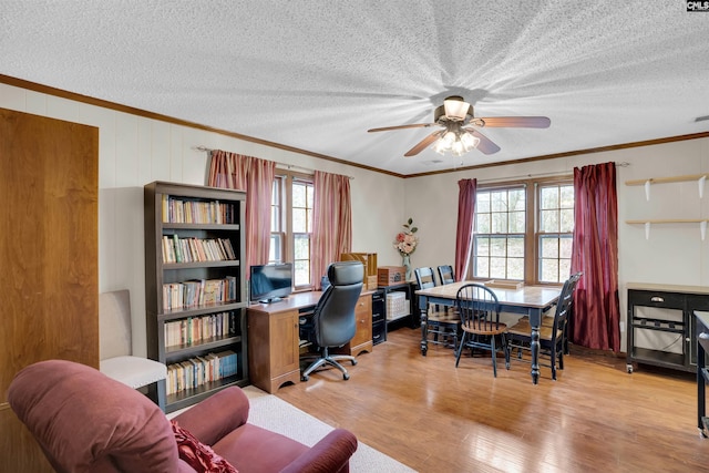 office area with ceiling fan, a healthy amount of sunlight, crown molding, and light hardwood / wood-style floors