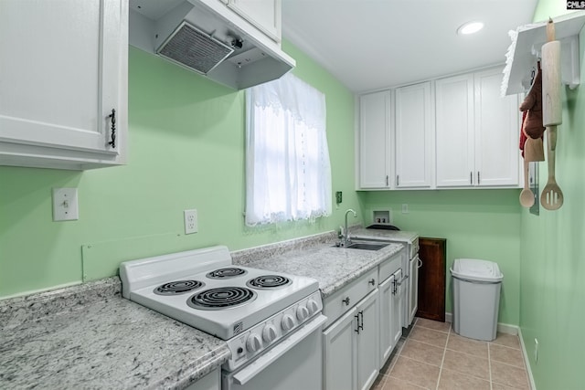 kitchen with light stone countertops, white electric range, white cabinetry, sink, and ventilation hood