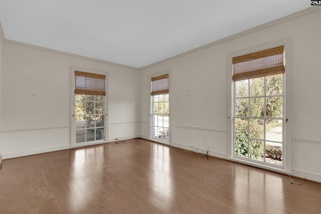 spare room with crown molding, hardwood / wood-style flooring, and a wealth of natural light