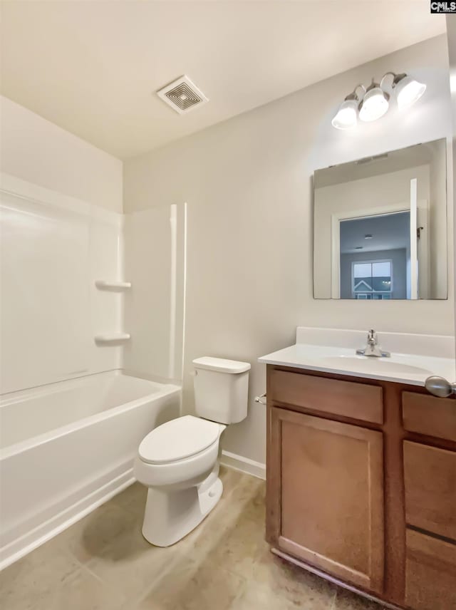 full bathroom featuring shower / bathtub combination, toilet, and vanity