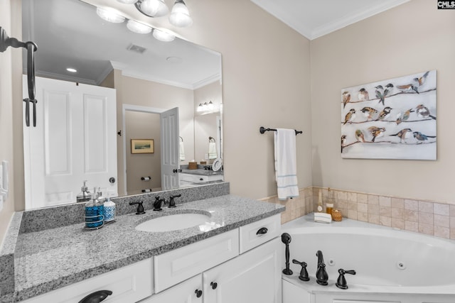 bathroom featuring a tub, vanity, and ornamental molding