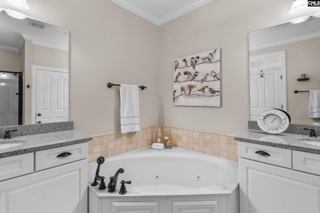 bathroom with vanity, independent shower and bath, and ornamental molding