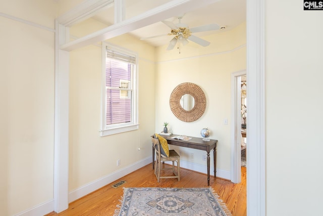 office space featuring light hardwood / wood-style floors and ceiling fan