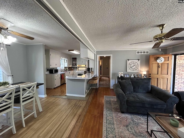 living room with hardwood / wood-style floors, a textured ceiling, and ceiling fan