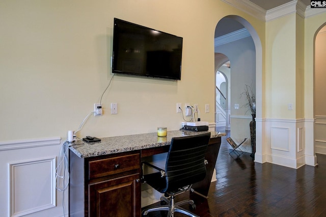 office area featuring dark hardwood / wood-style floors and ornamental molding