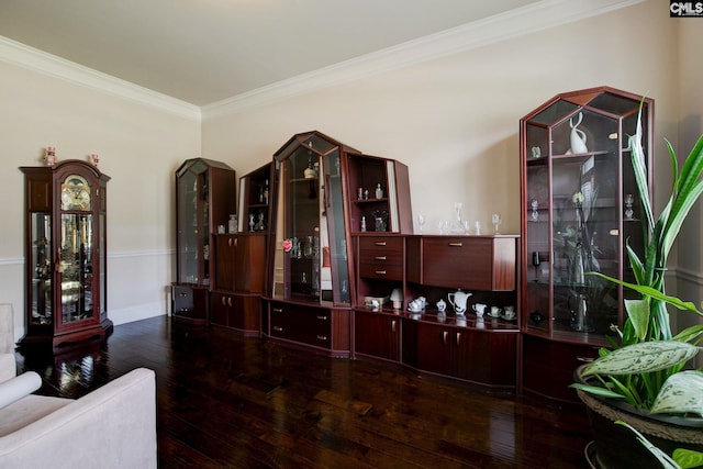 living room with dark wood-type flooring and ornamental molding