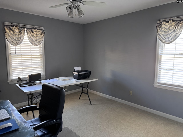 office space with ceiling fan and carpet flooring