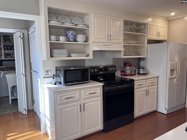 kitchen with dark hardwood / wood-style floors, white fridge with ice dispenser, white cabinets, and black range with electric stovetop