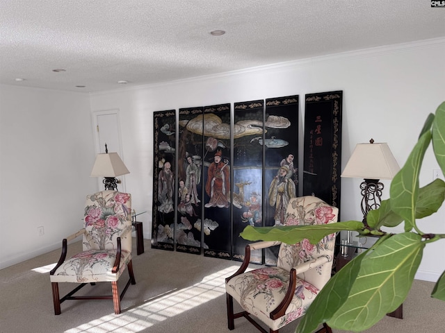 living area featuring ornamental molding, a textured ceiling, and carpet floors