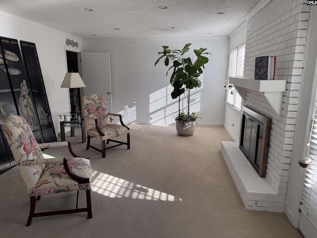 living room with crown molding, a textured ceiling, a fireplace, and light carpet