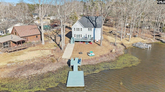 bird's eye view with a water view