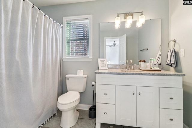 bathroom featuring toilet, tile patterned flooring, ceiling fan, and vanity