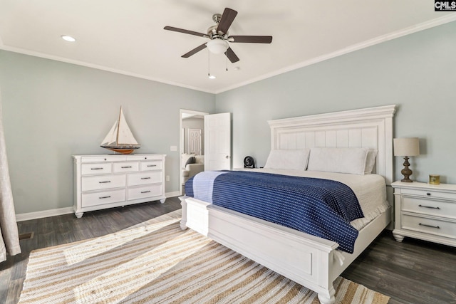 bedroom featuring crown molding, dark wood-type flooring, and ceiling fan