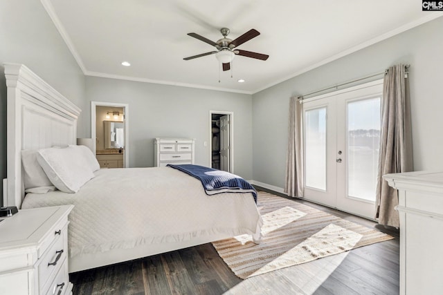 bedroom with ensuite bath, a walk in closet, access to exterior, a closet, and ceiling fan