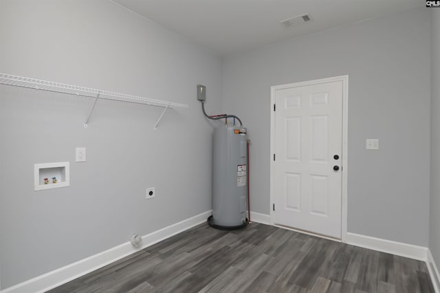 laundry room featuring electric dryer hookup, electric water heater, washer hookup, and dark hardwood / wood-style flooring