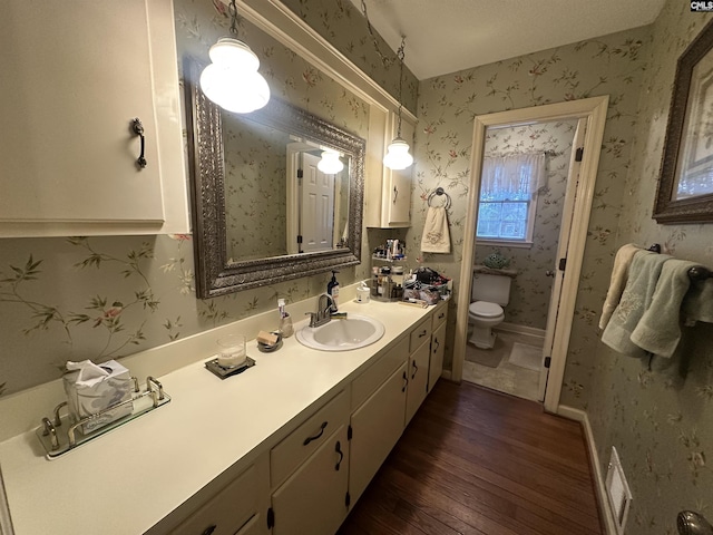 bathroom with vanity, hardwood / wood-style floors, and toilet