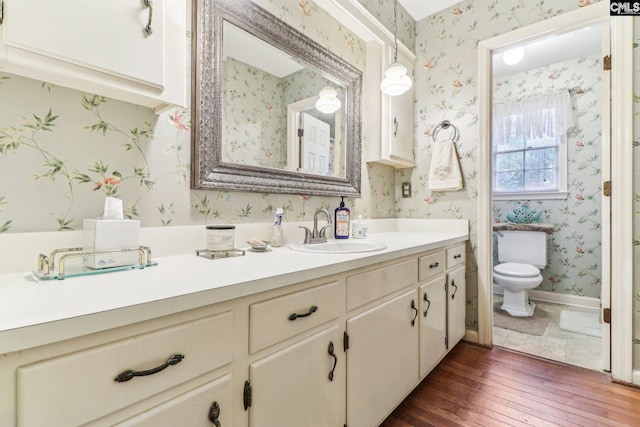 bathroom featuring vanity, hardwood / wood-style flooring, and toilet