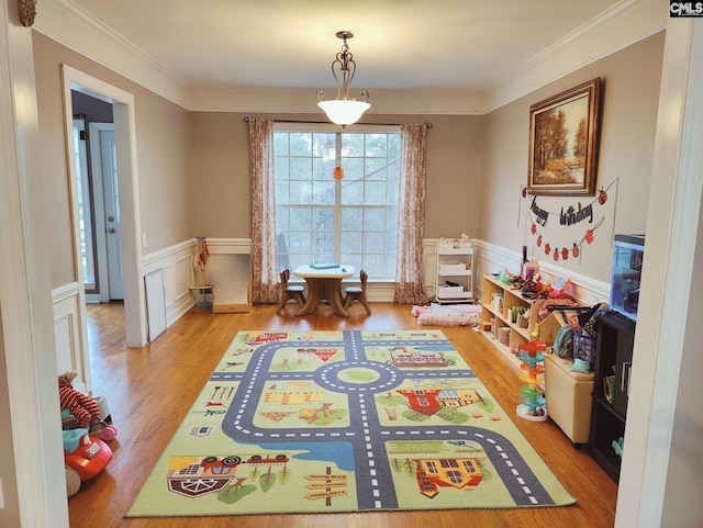 playroom featuring crown molding and light hardwood / wood-style flooring