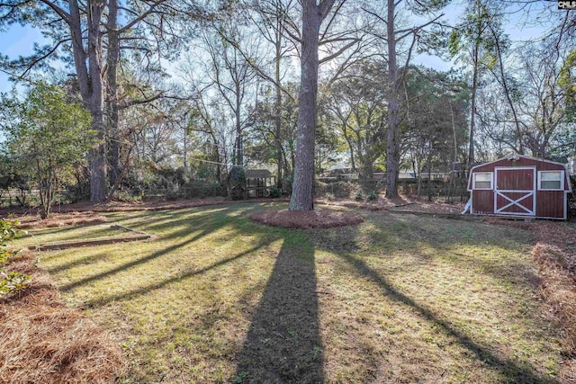 view of yard featuring a storage shed