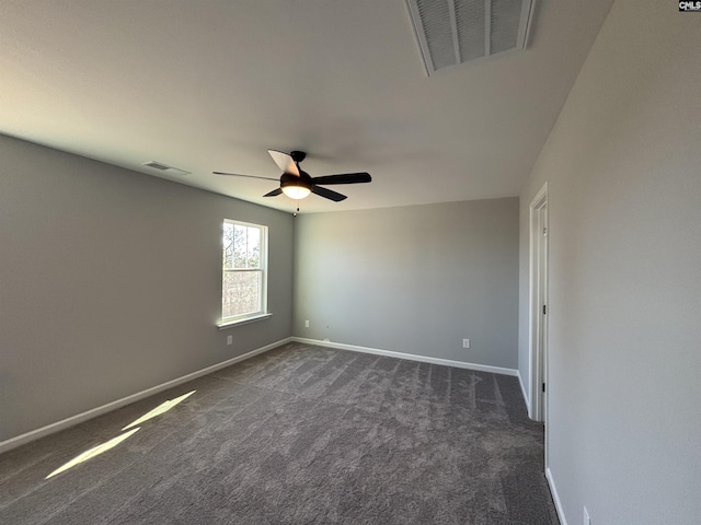 spare room featuring ceiling fan, baseboards, visible vents, and dark carpet