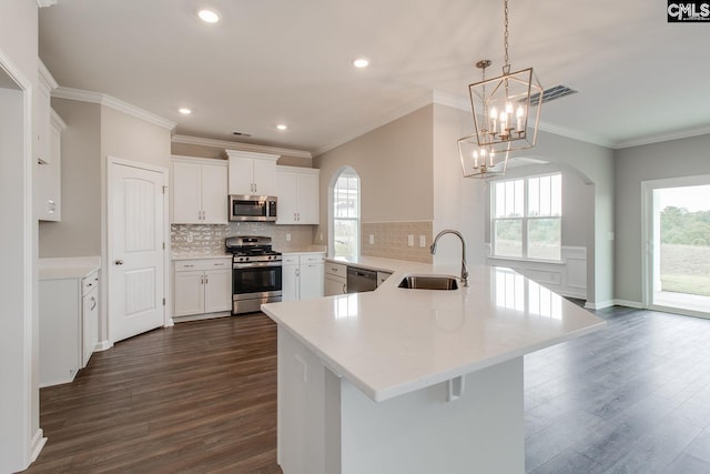 kitchen featuring arched walkways, dark wood-style flooring, visible vents, appliances with stainless steel finishes, and a sink