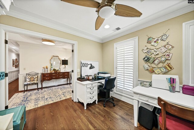 office space featuring crown molding, dark hardwood / wood-style floors, and ceiling fan