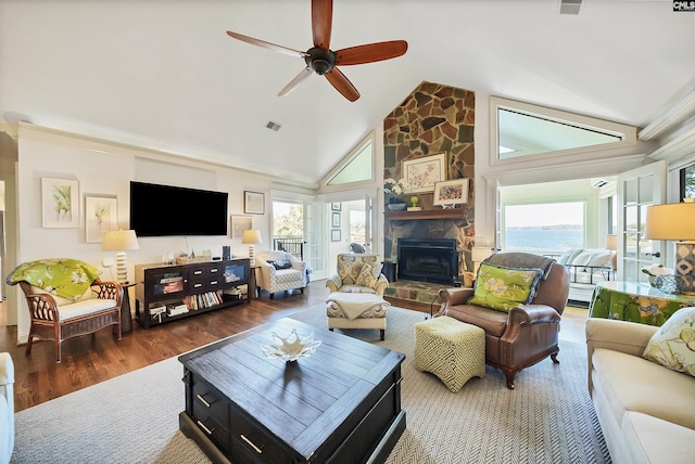 living room with dark wood-type flooring, a fireplace, high vaulted ceiling, and a wealth of natural light