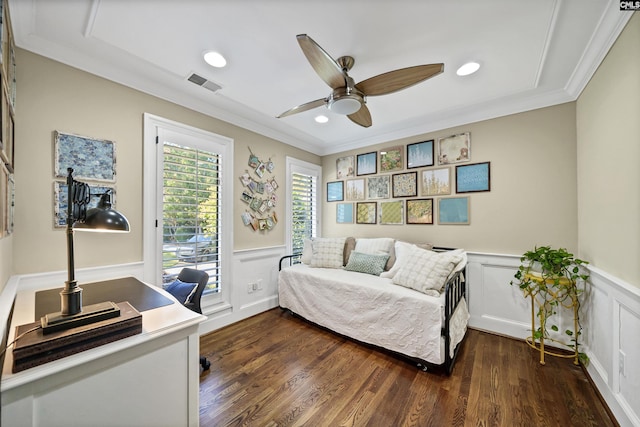 home office with ceiling fan, ornamental molding, and dark hardwood / wood-style floors