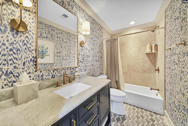 full bathroom with crown molding, vanity, shower / bathtub combination with curtain, and toilet