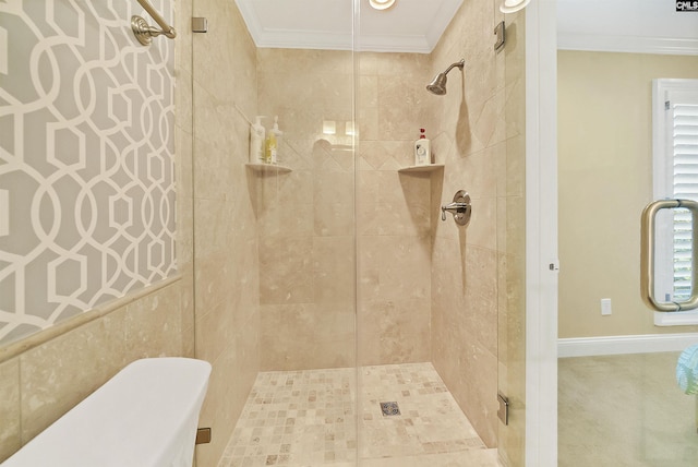 bathroom featuring an enclosed shower and ornamental molding