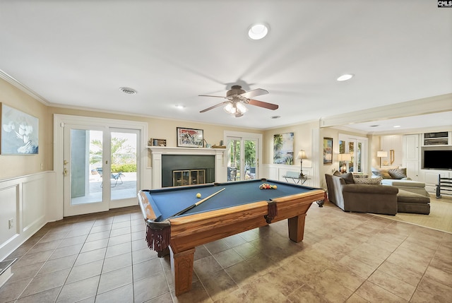 game room featuring crown molding, pool table, ceiling fan, and french doors