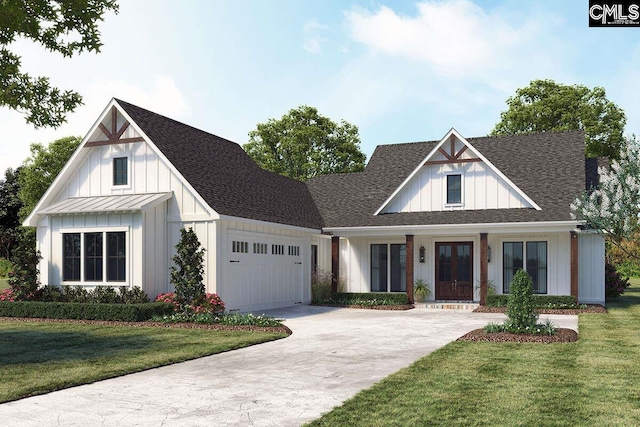 modern inspired farmhouse with a garage and a front yard