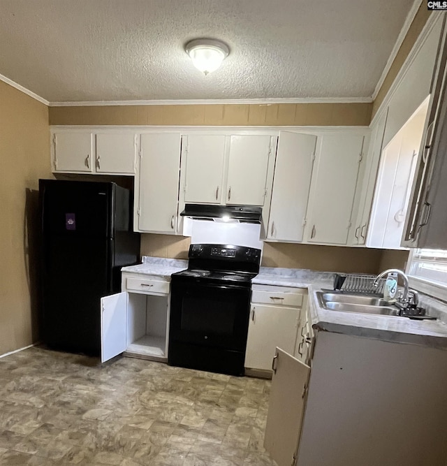 kitchen with sink, ornamental molding, black appliances, a textured ceiling, and white cabinets