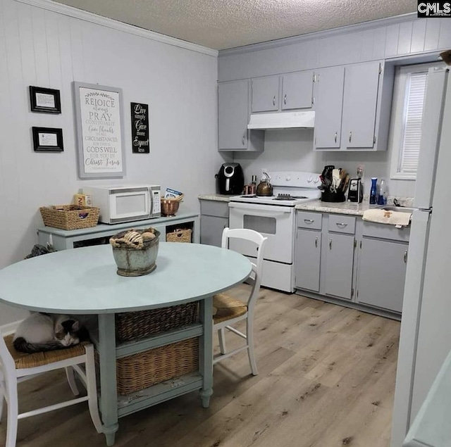 kitchen featuring a textured ceiling, light hardwood / wood-style flooring, ornamental molding, gray cabinets, and white appliances