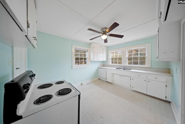 kitchen with ceiling fan, white appliances, sink, and white cabinets