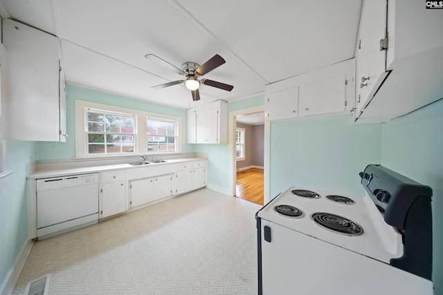 kitchen featuring white cabinetry, sink, ceiling fan, and white appliances