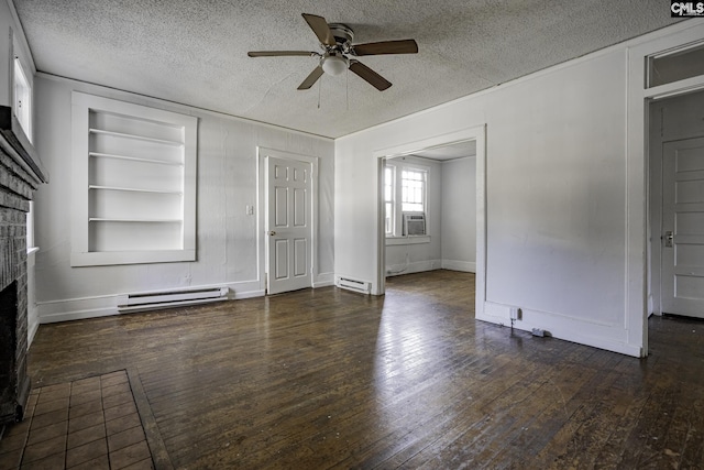 unfurnished living room featuring a baseboard radiator, a brick fireplace, dark hardwood / wood-style floors, and built in features