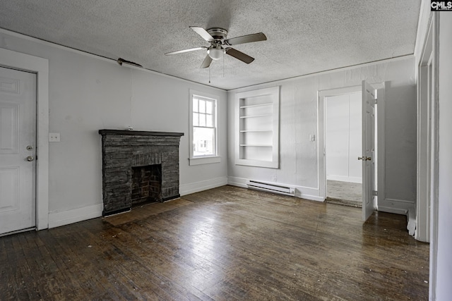 unfurnished living room featuring a fireplace, dark hardwood / wood-style flooring, built in features, and a baseboard heating unit